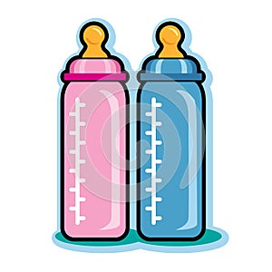 Illustration of pink and blue baby bottles