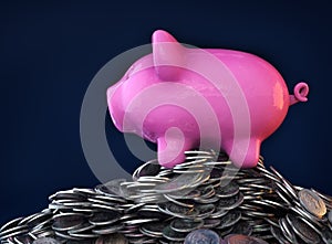 Pink piggy bank, ceramic shiny, on pile of 50 cents USA coins, on dark background, 3d render