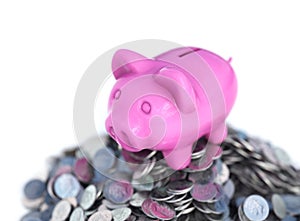 Pink piggy bank, ceramic shiny, on pile of 50 cents USA coins, isolated on white, 3d render