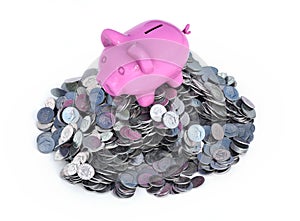 Pink piggy bank, ceramic shiny, on pile of 50 cents USA coins, isolated on white, 3d render