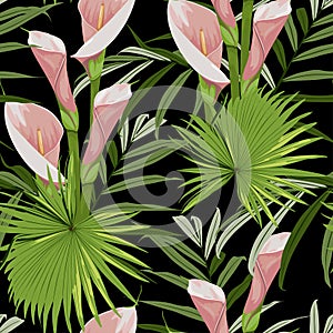 Illustration with pink ex0tic flowers. Beautiful seamless background with tropical plants on black.