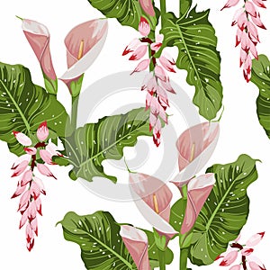 Illustration with pink exotic flowers. Beautiful seamless background with tropical flowers on white.