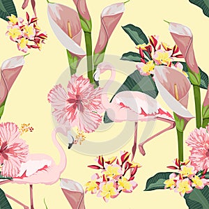 Illustration with pink exotic flowers. Beautiful seamless background with tropical plants on yellow.