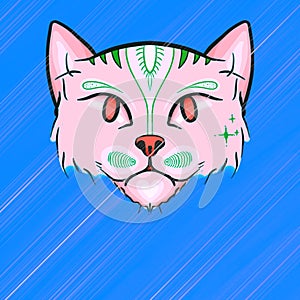 Illustration of a pink and green cartoon-ish cat isolated on the blue background