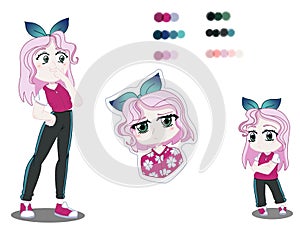 Illustration of a pink-haired girl with cyan bandage, dark pink jacket and gray pants in anime style isolated