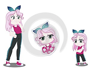 Illustration of a pink-haired girl with cyan bandage, dark pink jacket and gray pants in anime style isolated