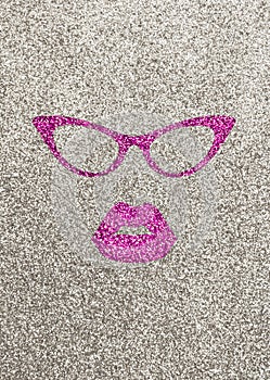 Illustration of pink lips and glasses on silver glittery background.