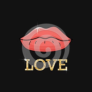 Illustration with pink lips and golden inscription love