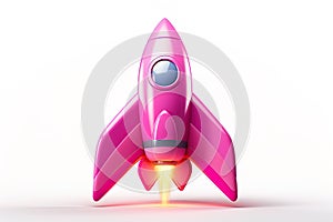 Illustration of a pink retro futuristic rocket with big wings taking off in cartoon style isolated on a white background