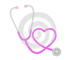 Illustration of a pink stethoscope bent into heart shape on white background photo
