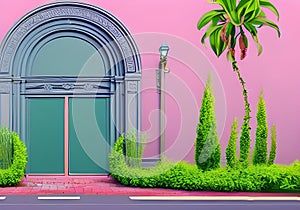 An illustration of a pink wall with a large arched door and green bushes and trees