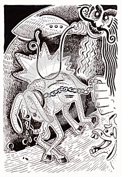 Illustration of pinocchio meeting the cat and the fox, modern ink drawing, collodi