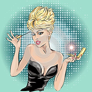 Illustration of a Pinup Girl Applying Mascara on Her Lashes photo