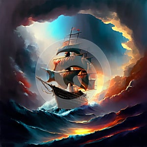 Illustration of a pirate ship in a stormy sea with clouds AI Generated
