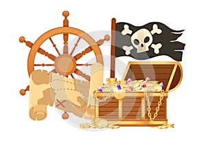 Illustration of pirate theme with treasure map hat and wooden chest vector illustration isolated on white background