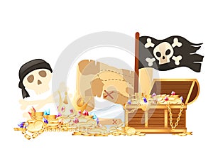 Illustration of pirate theme with treasure map hat and wooden chest vector illustration isolated on white background