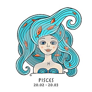 Illustration of Pisces zodiac sign. Element of Water. Beautiful Girl Portrait. One of 12 Women in Collection For Your