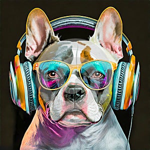 Pitbull dog wears glasses and headphones on his head, generative ai