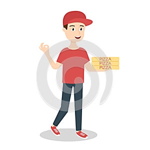 Illustration of pizza delivery boy handing three pizza boxes
