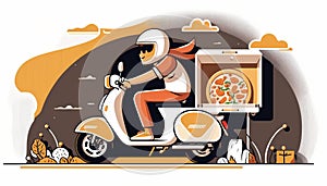 Illustration of a pizza delivery boy on motorbike, with container box. Created with generative AI technology.