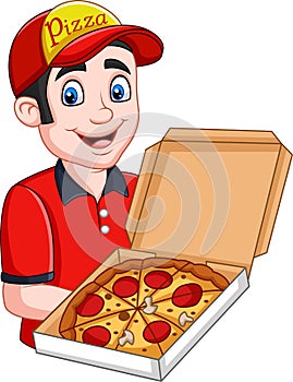Pizza deliveryman holding open cardboard box with pepperoni pizza photo