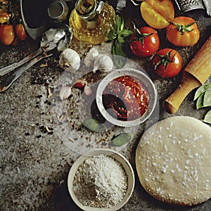 Illustration of pizza preparation. Baking ingredients on the kitchen table: rolled dough, mozzarella, tomatoes sauce, basil, olive