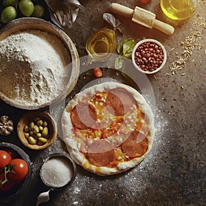 Illustration of pizza preparation. Baking ingredients on the kitchen table: rolled dough, mozzarella, tomatoes sauce, basil, olive