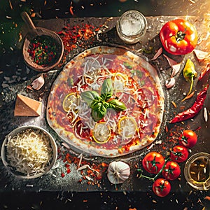 Illustration of pizza preparation. Baking ingredients on the kitchen table: rolled dough, mozzarella, tomatoes sauce, basil, olive