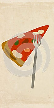 illustration of pizza slice with dinner fork on a textured paper background