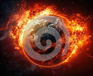 Illustration of the planet Earth burning. Burning world earth.