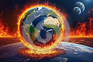 Illustration of the planet Earth burning in flames, surrounded by fire. Global warming, climate change, Earth is getting hot. War