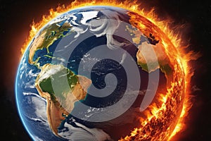 Illustration of the planet Earth burning in flames, surrounded by fire. Global warming, climate change, Earth is getting hot. War