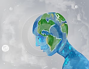 Illustration of the planet earth in the form of a man. Ecology, global issues, globality. Pensive planet silhouette