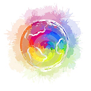 Illustration of planet earth with rainbow watercolor splashes and ink strokes on white background.