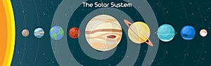 Illustration of the planets of the Solar system and their orbits around the sun. Bright colorful cartoon vector planets and stars