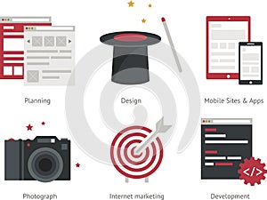 Illustration of planning, design, mobile sites and applications, camera, internet, marketing, development.