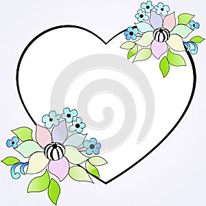 Illustration with plant and graphic elements-flowers, leaves, and a heart. Printing design, summer theme.