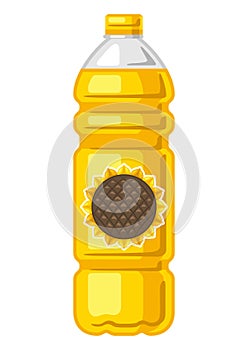 Illustration of plastic bottle with sunflower oil. Image for culinary and agriculture.