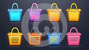 The illustration of plastic shopping bags, empty color boxes for buying goods, retail business symbol, and add to cart