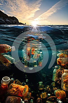 Illustration of plastic waste in the ocean drifting in the sea, sun setting in background.