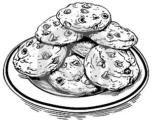 Illustration of a plate with chocolate chip cookies