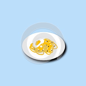 illustration of a plate of fried noodles with a sunny side up egg on top isolated in blue background