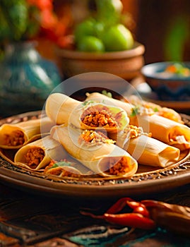 Illustration of a plate with many tamales on a table, prepared in the typical style of Mexican cuisine