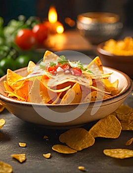 Illustration of a plate of nachos on a table, prepared in the typical style of Mexican cuisine. Illustration made with AI