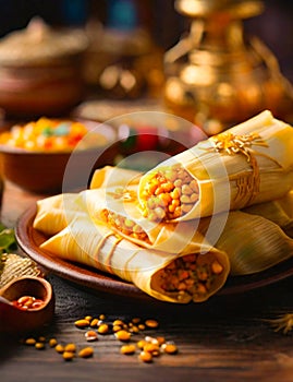 Illustration of a plate of tamales, prepared in the typical style of Mexican cuisine. Illustration made with AI