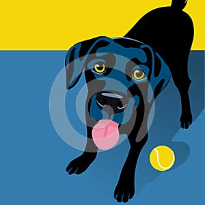 Illustration of playful Black Labrador Retriever with tennis ball