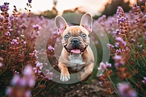 Playful French Bulldog Puppy Exploring a Field of Flowers, Generative AI