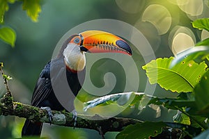 Illustration of  playful toucan perched on the tree branch of an enchanted rainforest, its vibrant beak and colorful plumage addi photo