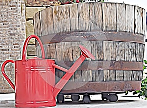 Illustration plugin used on picture of a watering can and old whiskey barrel