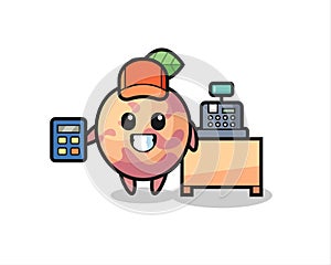 Illustration of pluot fruit character as a cashier